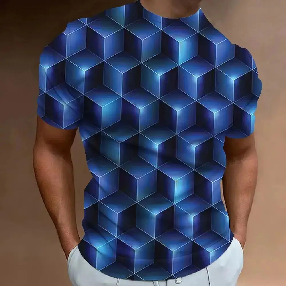 Men Dark Blue Rhombus Gold Dot Print Short Sleeve T-shirt Elegant Business Casual Tops Multiple Colors Available