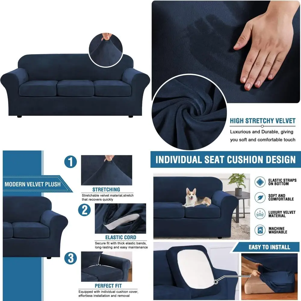 

Luxury High Stretch Velvet Sofa Slipcover 4-Piece Set - Plush Sofa Cover Furniture Protector Thick Velvet Couch Cover