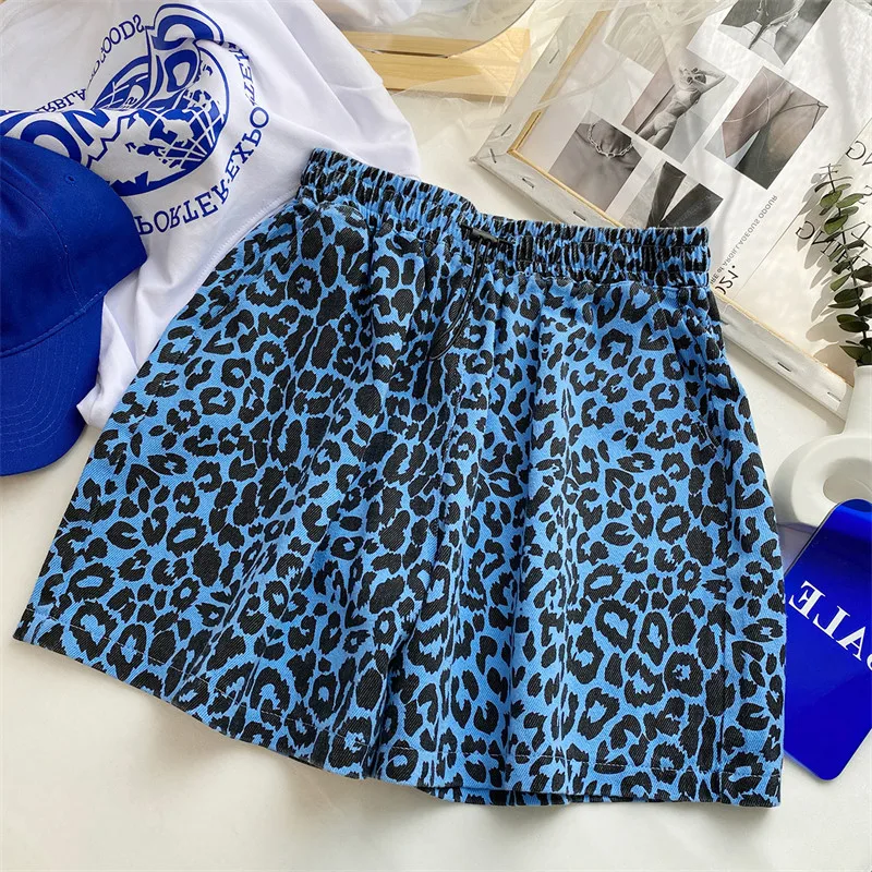 Women's Fluorescent Green Leopard Print Casual Shorts Elastic Waist Drawstring Summer Beach Shorts Korean Style Oversized Pants