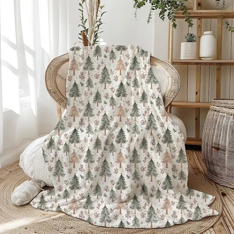 Winter Trees Velveteen Blanket, Fleece Christmas Holiday Throw Gift