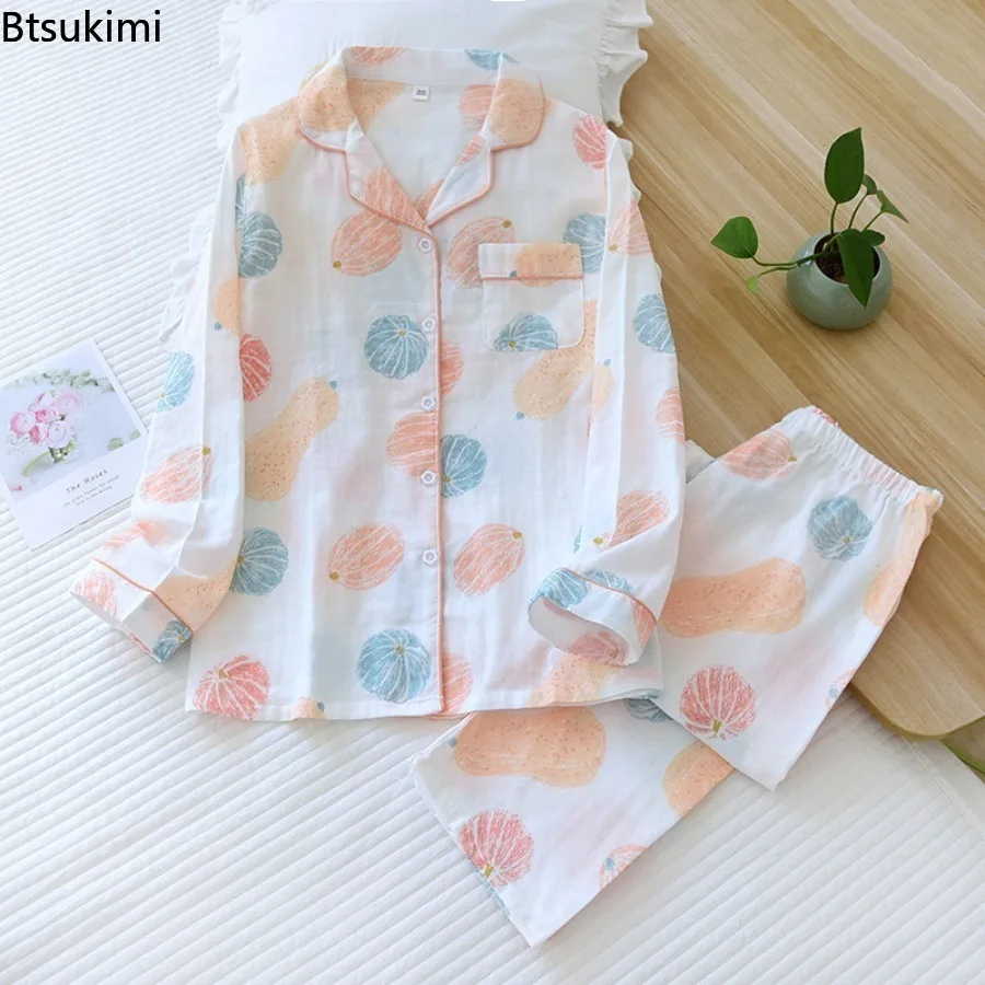 New 2025 Women's Spring Summer Loose Cotton Homewear Suit Sets Printing Cotton Trouser Pajamas for Women Homewear Pajamas Female
