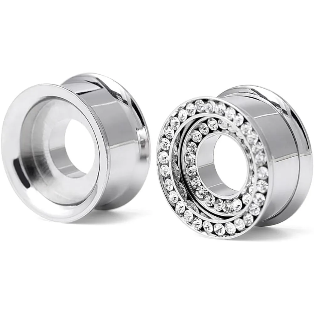 2 Pcs Ear Gauges Unique, Stainless Steel Plugs Gauges for Men and Women 2 Row Cubic Zirconia Design Birthday 0g-11/16