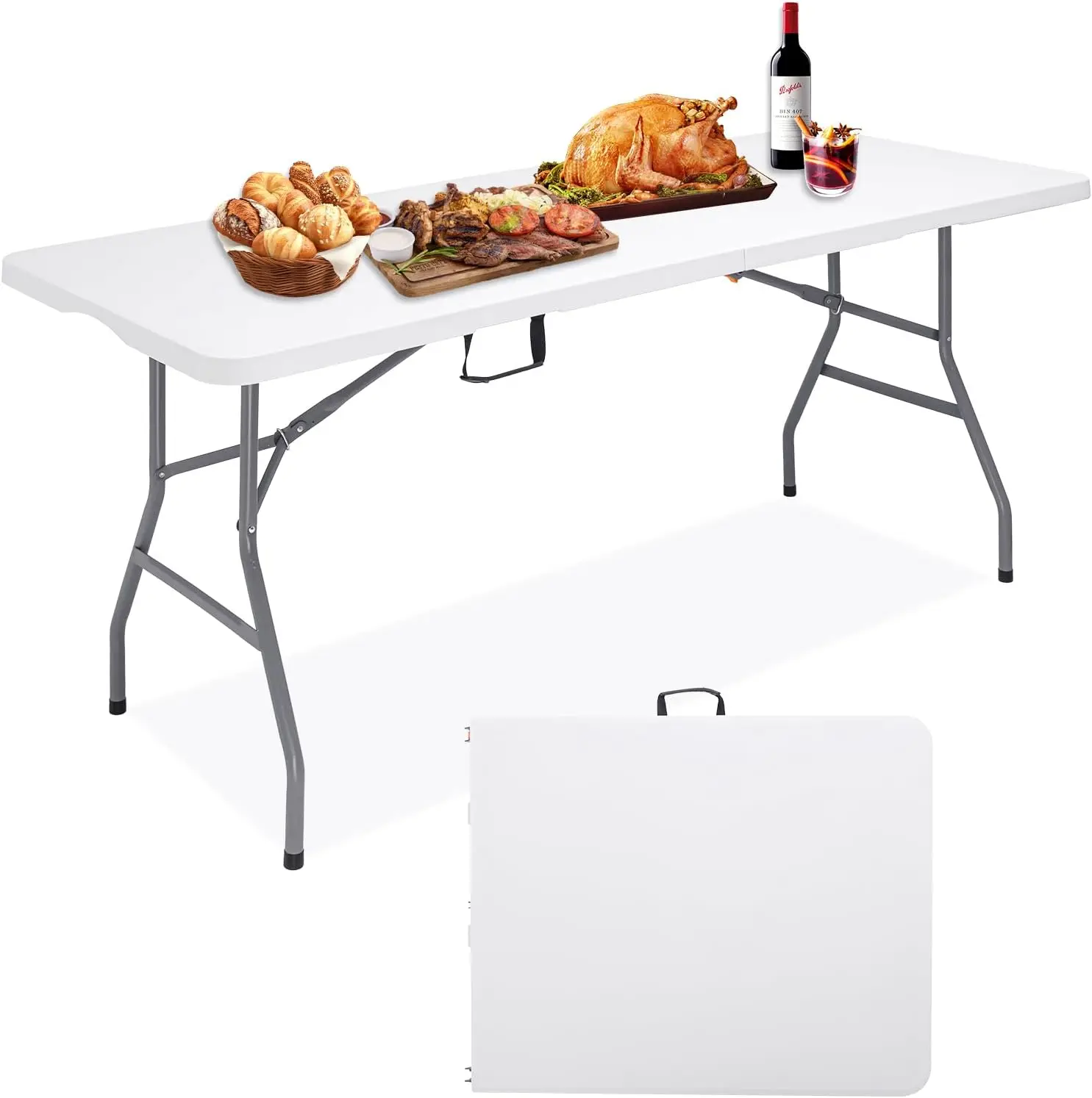 

6FT Folding Camping Table Portable 350lbs, Heavy Duty Fold-in-Half Tray for Outdoor Indoor Use