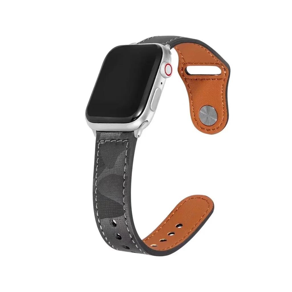 Camouflage Texture Genuine Leather Strap for Apple Watch Series 7/se/6/5/4/3/2/1 (41mm 45mm 44mm 40mm 42mm 38mm) smart watch