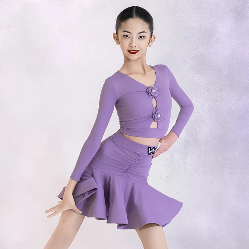 الأرجواني اللاتينية أزياء رقص الفتيات أداء الملابس طويلة الأكمام بلوزات قصيرة هيكل السمكة تنورة تشا تشا ممارسة الرقص ارتداء BL17287