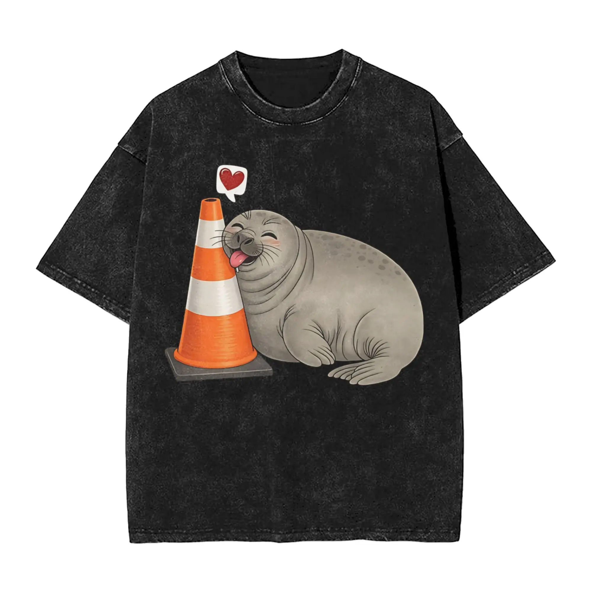 Neil the Seal Cute Elephant Seal HuggingTraffic Cone Washed T Shirt Streetwear Hip Hop T-Shirts Animal Tees Men Women Graphic