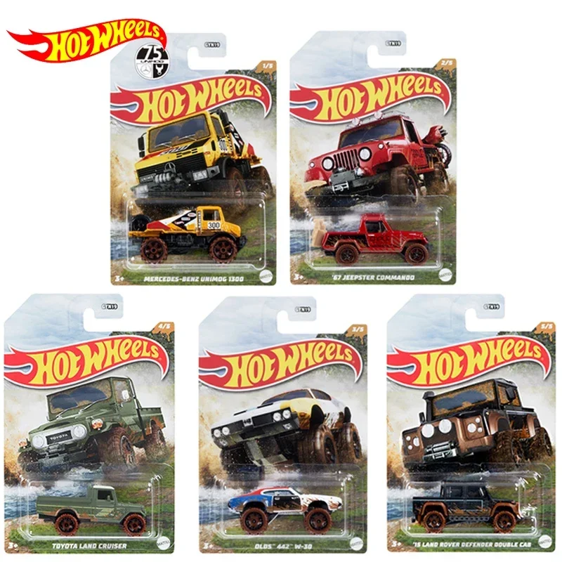 Oryginalny Hot Wheels samochodów błoto biegacz Offroad Jeepster Diecast 1/64 Benz Land Rover Toyota zabawki dla chłopców dla prezent urodzinowy dla