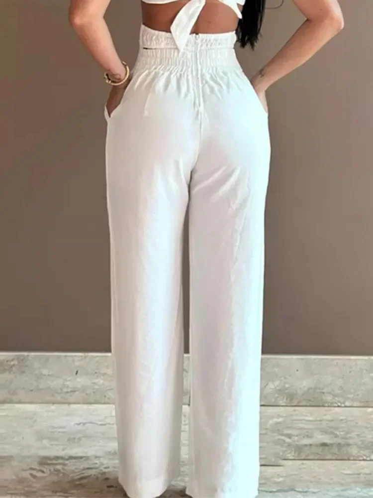 Bonboho-Mono de Color liso con forma de flor para mujer, traje de una pieza con cuello de espagueti, Pantalones rectos de cintura alta elásticos, novedad de 2024