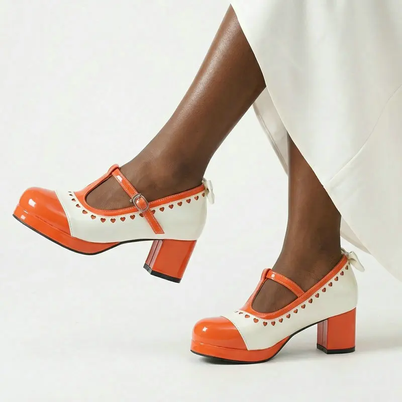 

Туфли Мэри Джейн в стиле Sweet Lolita с контрастными вставками оранжевого и желтого цвета, с пряжкой, на массивном среднем квадратном каблуке, большие размеры 32-50, для косплея