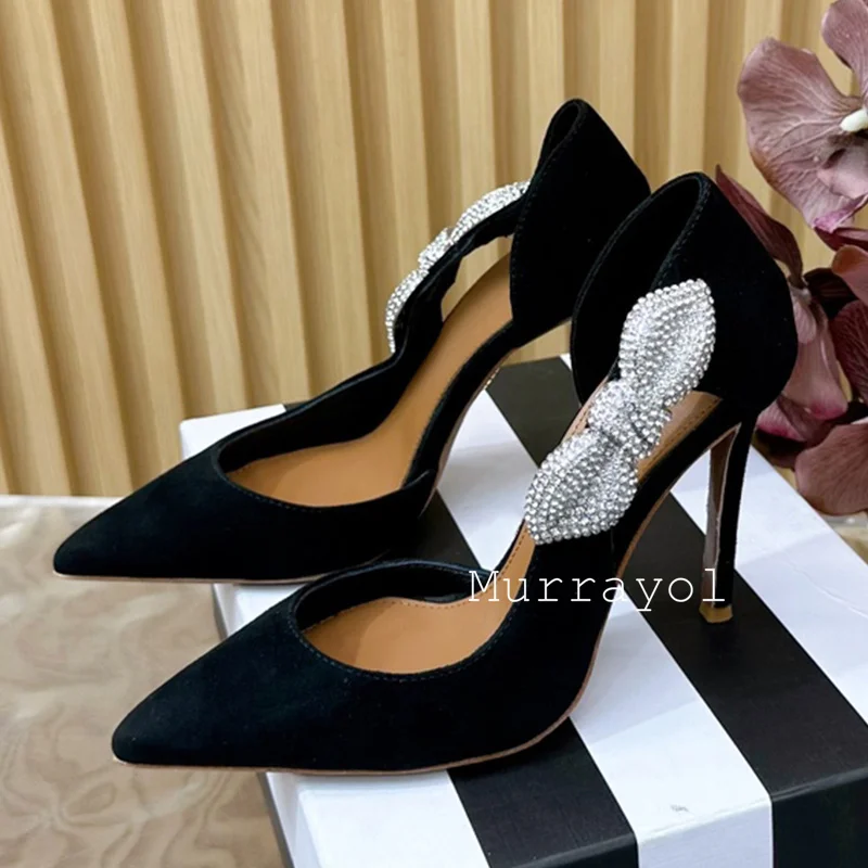 Cow Suede Shallow Mouth Thin Heel Sandals Women Pointed Toe Rhinestone Decor Single Shoes  Spring Summer Party Dress Shoes Pumps