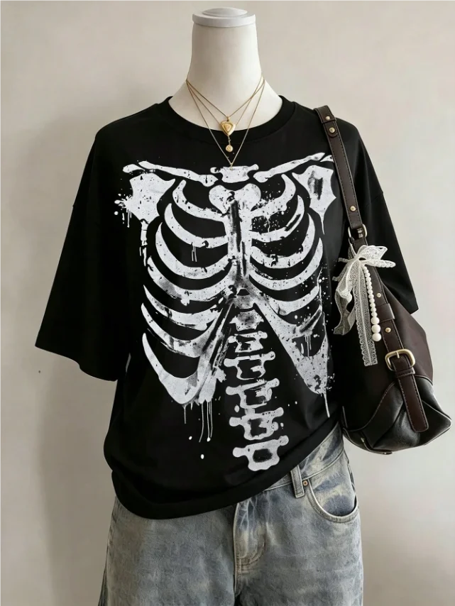 Sommer Damen Herren Skelett-Print Rundhals Kurzarm T-Shirt Grafik-Tee Fußballtrikot Übergröße Sport T-Shirt Oberteile – Detail 9