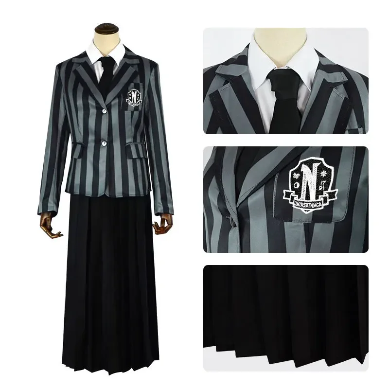 Movie Wednesday Addams Family Nevermore Academy Cosplay Costume School Uniform Adult Casual Full Set Stripe Suit Outfit Coat Ski