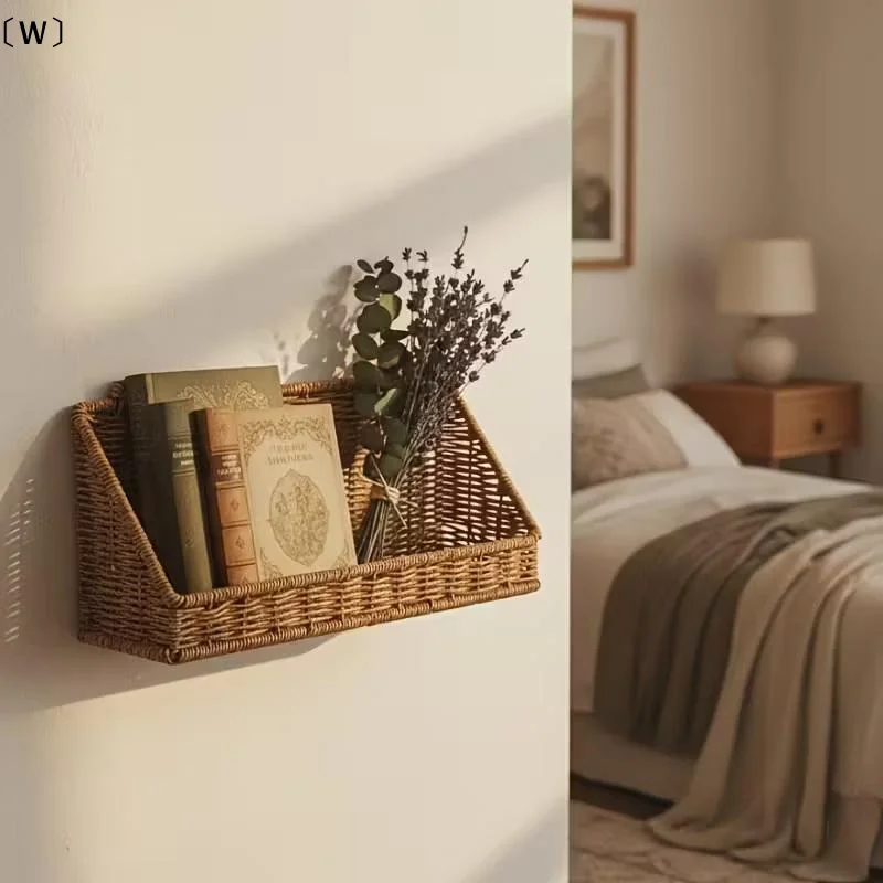 

Подвесная корзина из искусственного ротанга в деревенском стиле с крючками, настенная корзина для хранения, подходит для ванных комнат и кухонь.