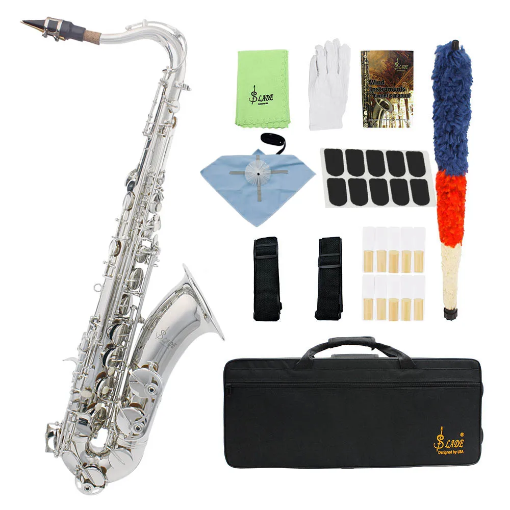 

SLADE Silver Tenor Saxophone Bb Brass Body Carved Keys White Shell Keys Saxophone with Cleaning Brush Case Strap Gloves Parts