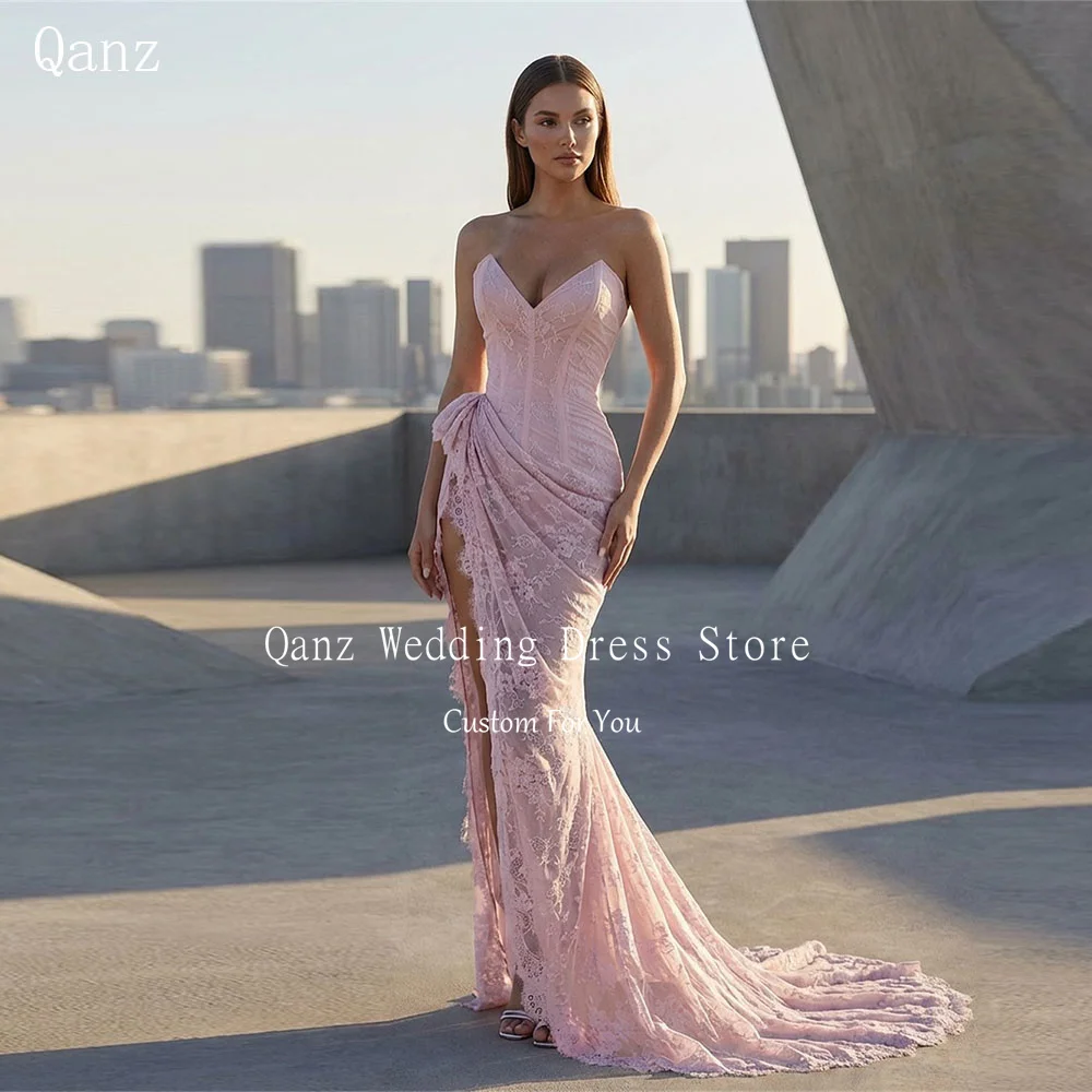 

Qanz розовые вечерние платья роскошные кружевные аппликации платья русалки с высоким разрезом для женщин вечерние свадебные платья Vestidos De Gala по индивидуальному заказу