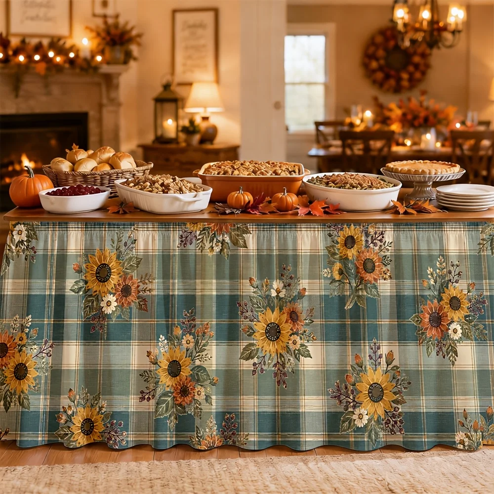 Tablecloth with rural check pattern, sunflower, flowers, retro, table decoration, autumn,harvest festival,thanksgiving, partyxzj