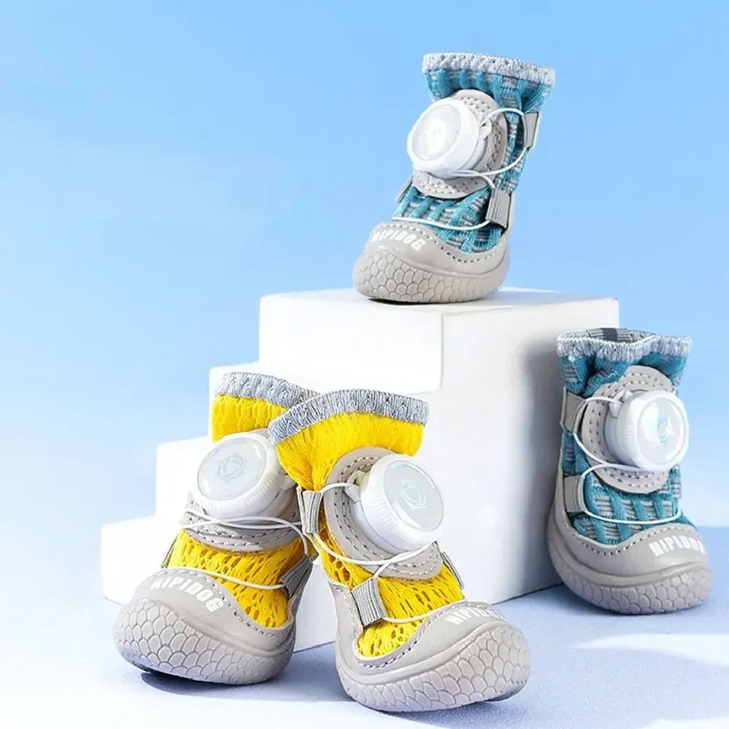 4Pcs/Set Fashion Breathable Button Dog Shoes Reflective Anti-slip Dogs Mesh Shoes Soft Sole Comfortable Dog Footwear Summer
