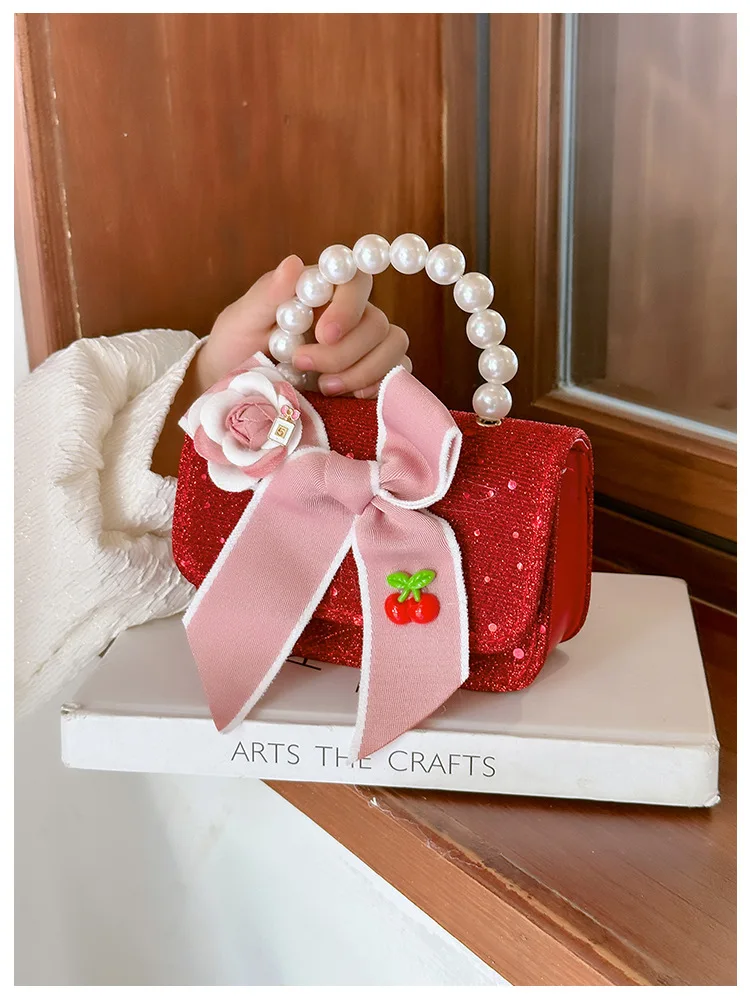 الحلو القوس الأميرة بنات اللؤلؤ مقبض حقائب كتف لطيف الاطفال حقائب اليد الحمراء محفظة الطفل الأطفال سلسلة منقوشة حقيبة كروسبودي الهدايا #4