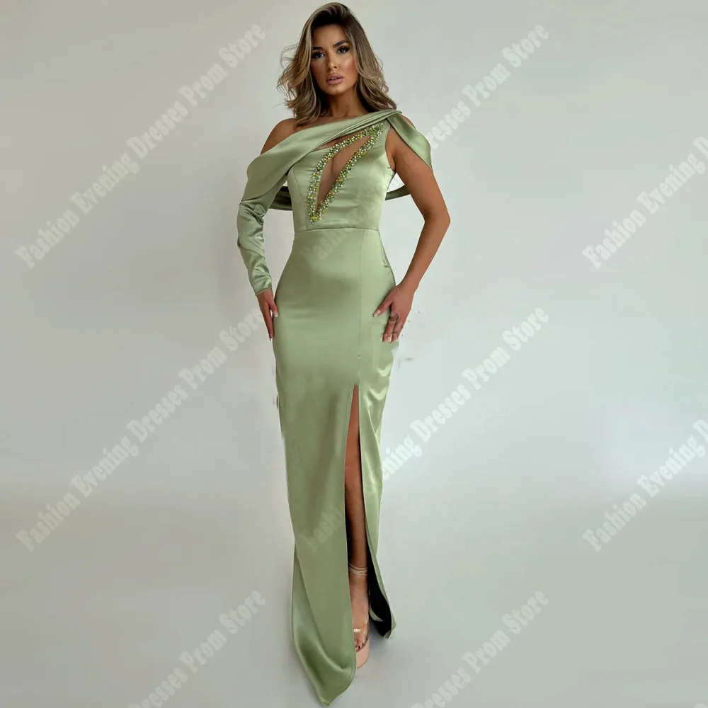 2024 Simple Side Split Women Mermaid Evening Dresses Single Shoulder Sleeve Ball Gowns Fashion Cocktail Ball Vestidos De Noche