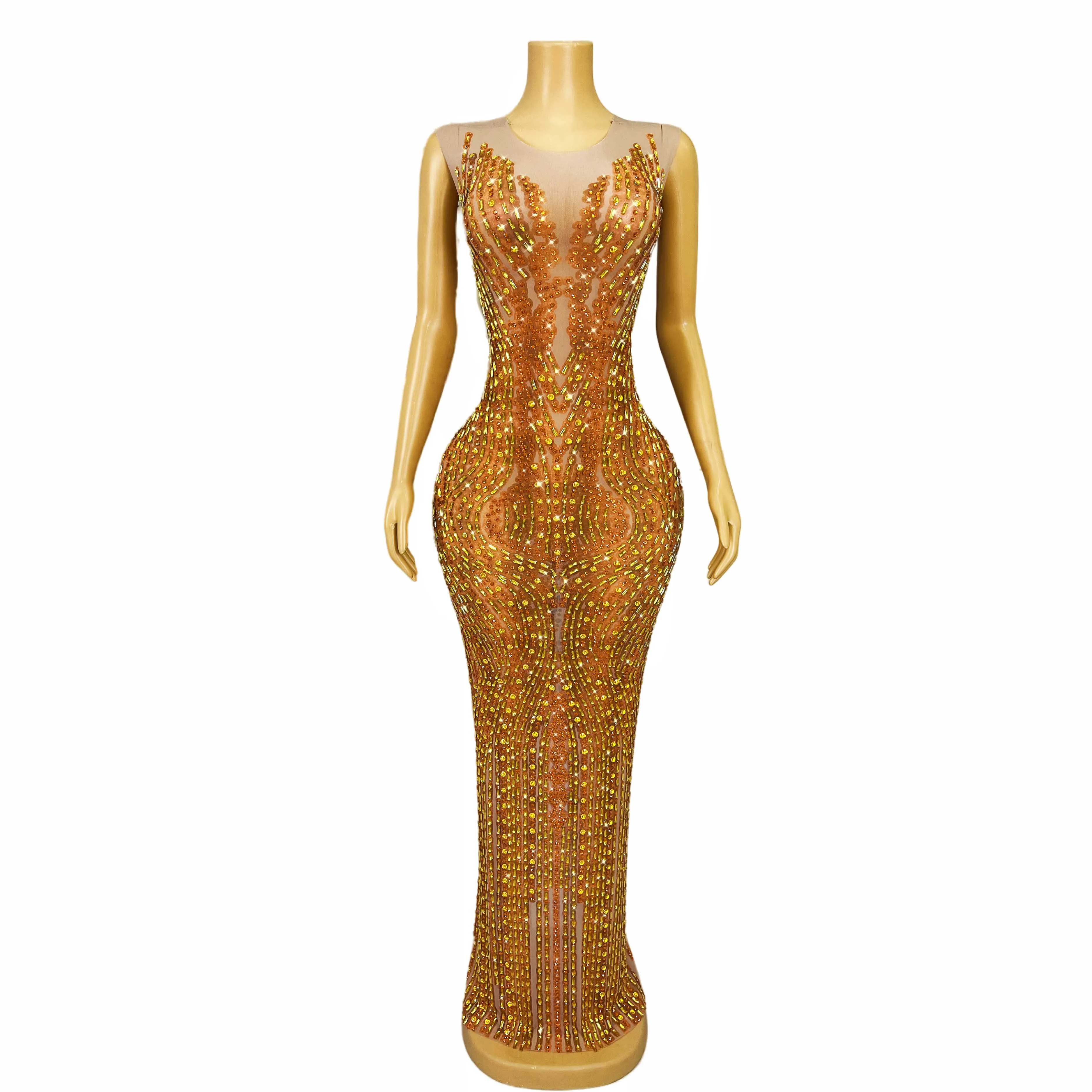 Wspaniała monochromatyczna pomarańczowa błyszcząca sukienka maxi z kryształkami na wieczorne przyjęcie koktajlowe, kostiumy sceniczne Lieyan