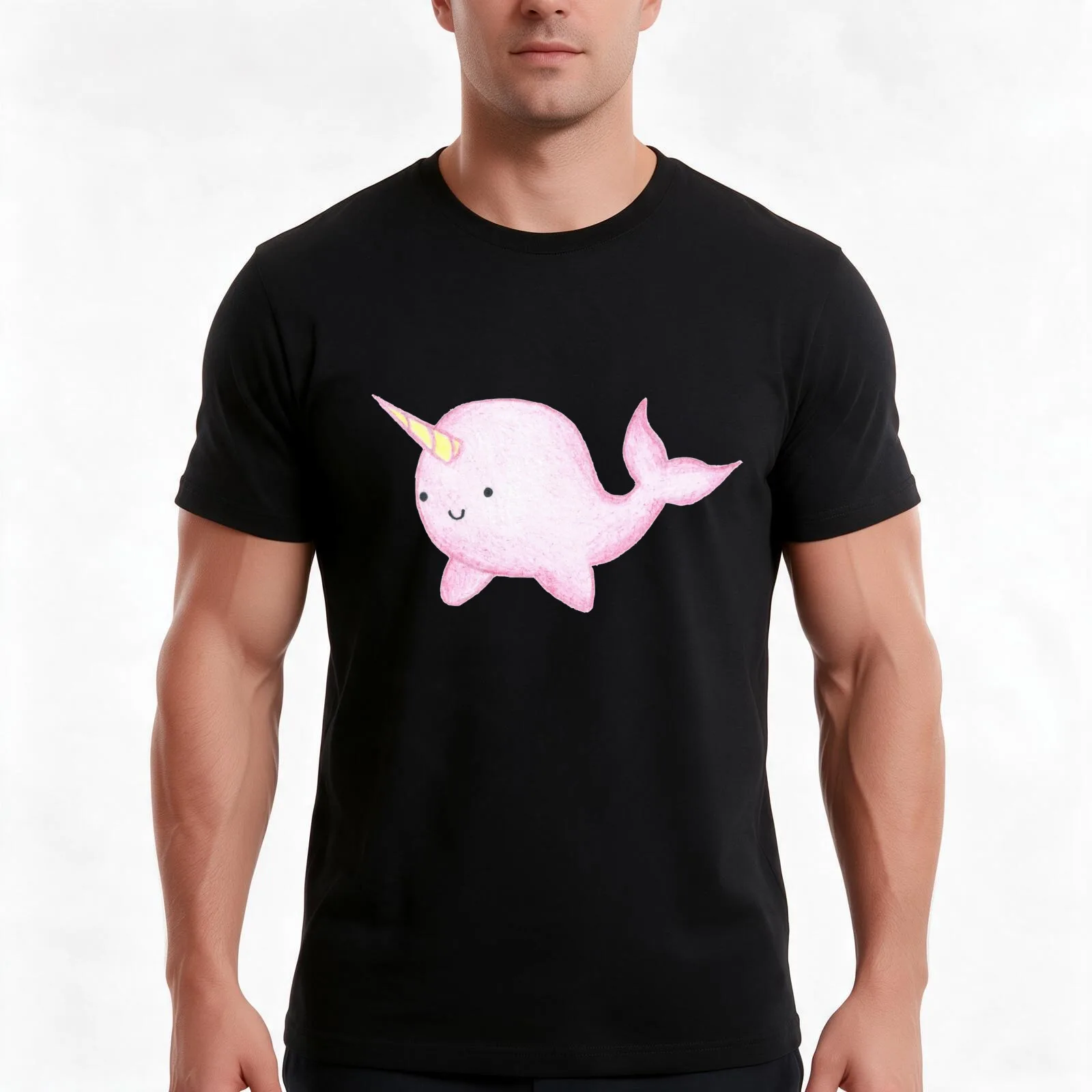 Cute Pink Narwhal T-Shirt, Summer Casual Cotton Tee, Oversized Streetwear Tops, Vintage Graphic Print, Loose Fit Short Sleeve