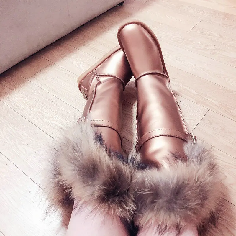 Winter Natural Fox Fur Long Boots Winter Fur Black Genuine Leather