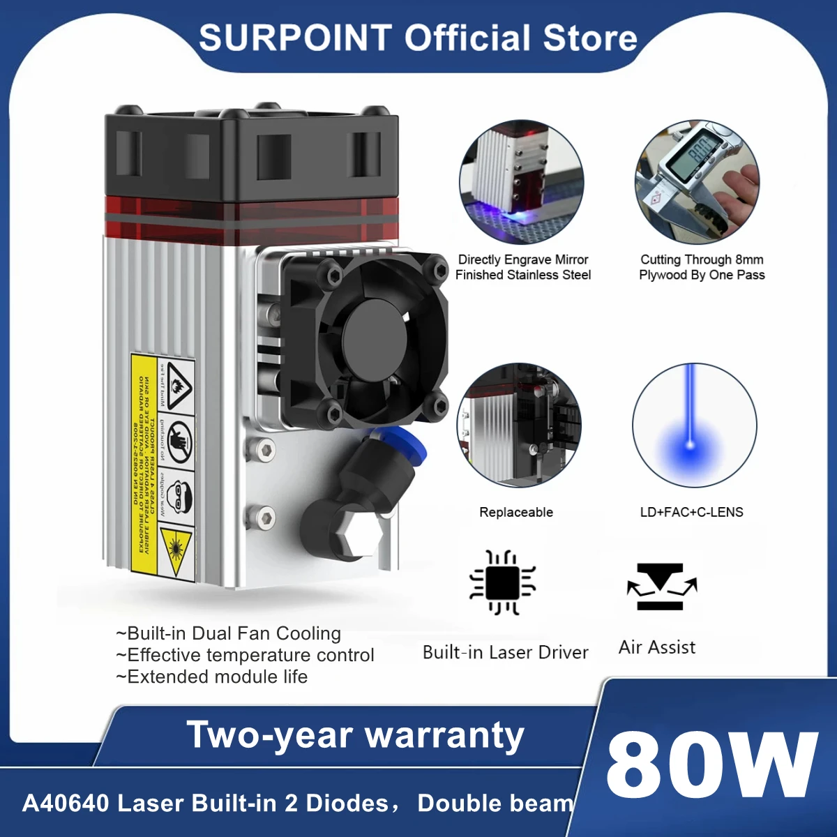 

Лазерный модуль SURPOINT A40640, 80 Вт, встроенный 2 диода, двойной луч, синий лазер для печати МДФ, гравировки металла, режущий инструмент для дерева