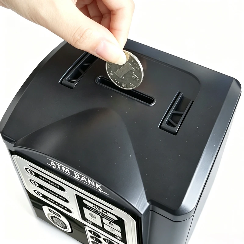 Electronic ATM Savings Bank with Password Lock, Auto-Rolling Bill Entry Dual Language Mode Money Safe Box for Children Teens