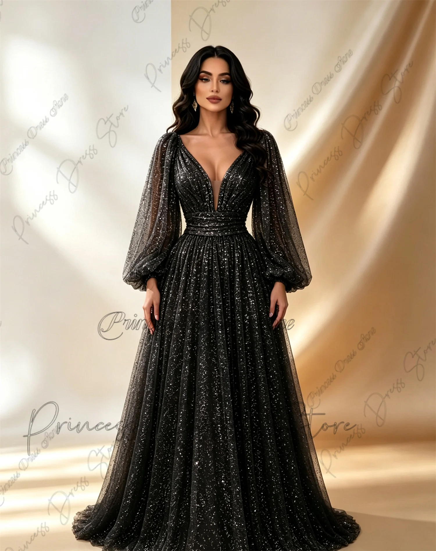 Shiny Evening Dresses Woman's A Line Shiny Sequined Long Sleeve Party Prom Gowns Fashion Formal Customized Vestidos De Novia