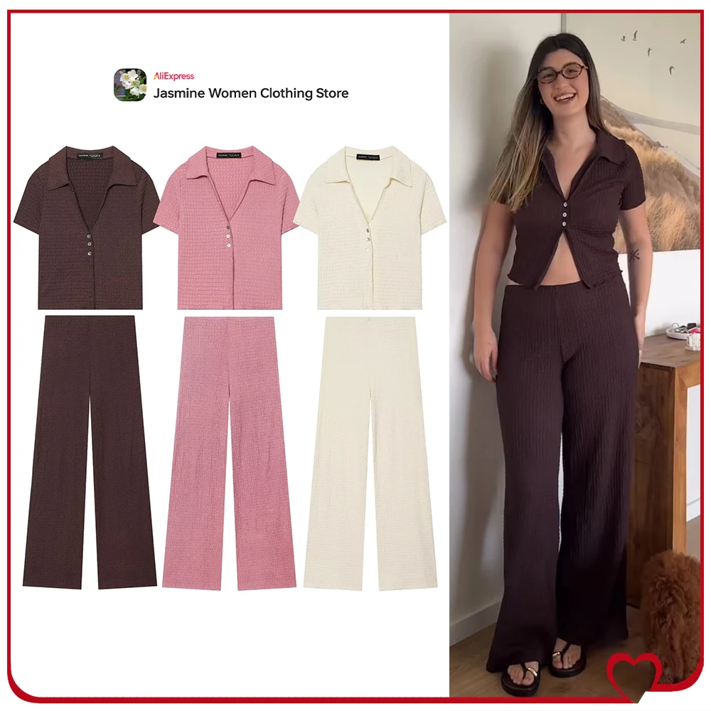 Casual Textured 2 Piece Sets for Women Summer Pant Sets Cropped Textured Short Sleeve Jackets +Tonal Straight Leg Mid-rise Pants