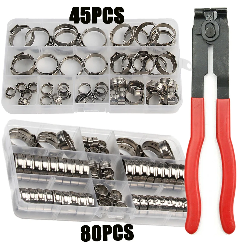 45/80pcs 5.8-23.3mm Hose Clamp Single Ears Clamp Worm Drive Fuel Water Hose Pipe Clamps Clips with Plier Clamps for Woodworking