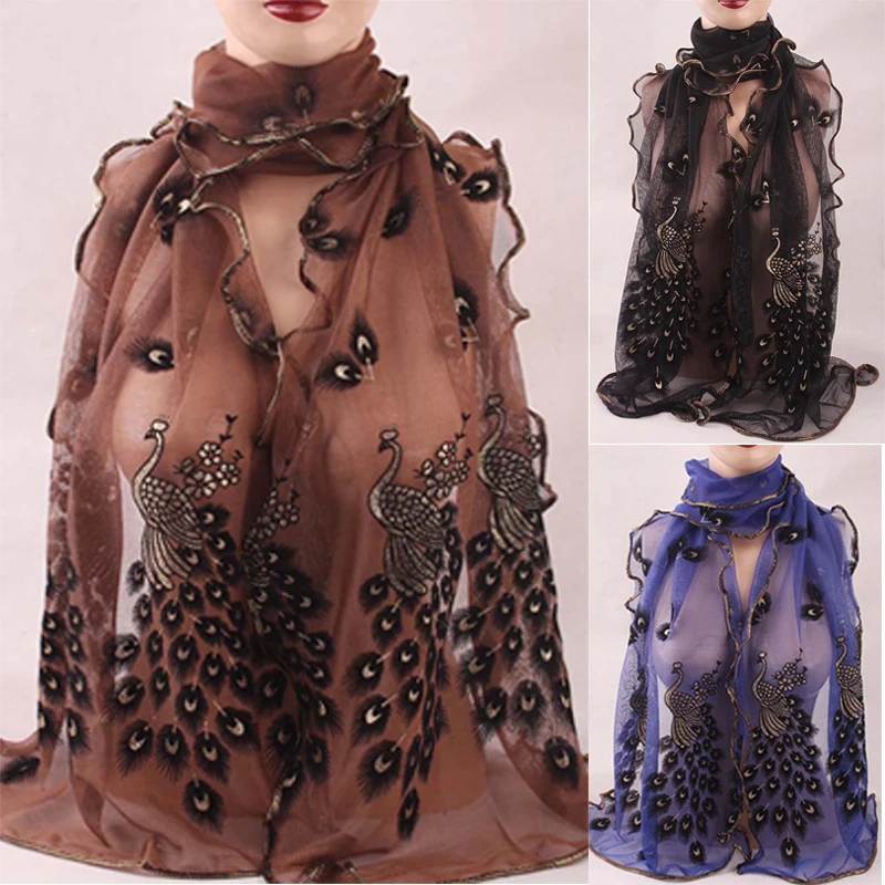 1PCS 190*40CM Women Lady\'s Silk Scarves Shawl Stole Peacock Scarf Transparent Long Fashion Chiffon Soft Wrap