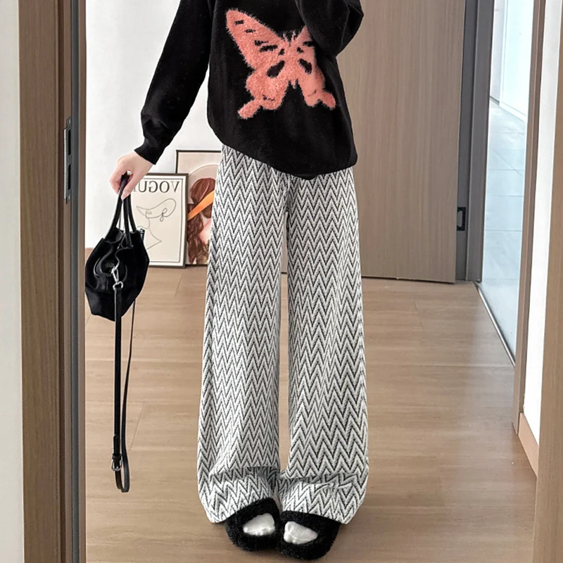 الخريف الشتاء رشاقته الدافئة شريط مستقيم السراويل النساء Harajuku الاتجاه فضفاض واسعة الساق بانت عالية الخصر الدانتيل متابعة محبوك بنطلون #3