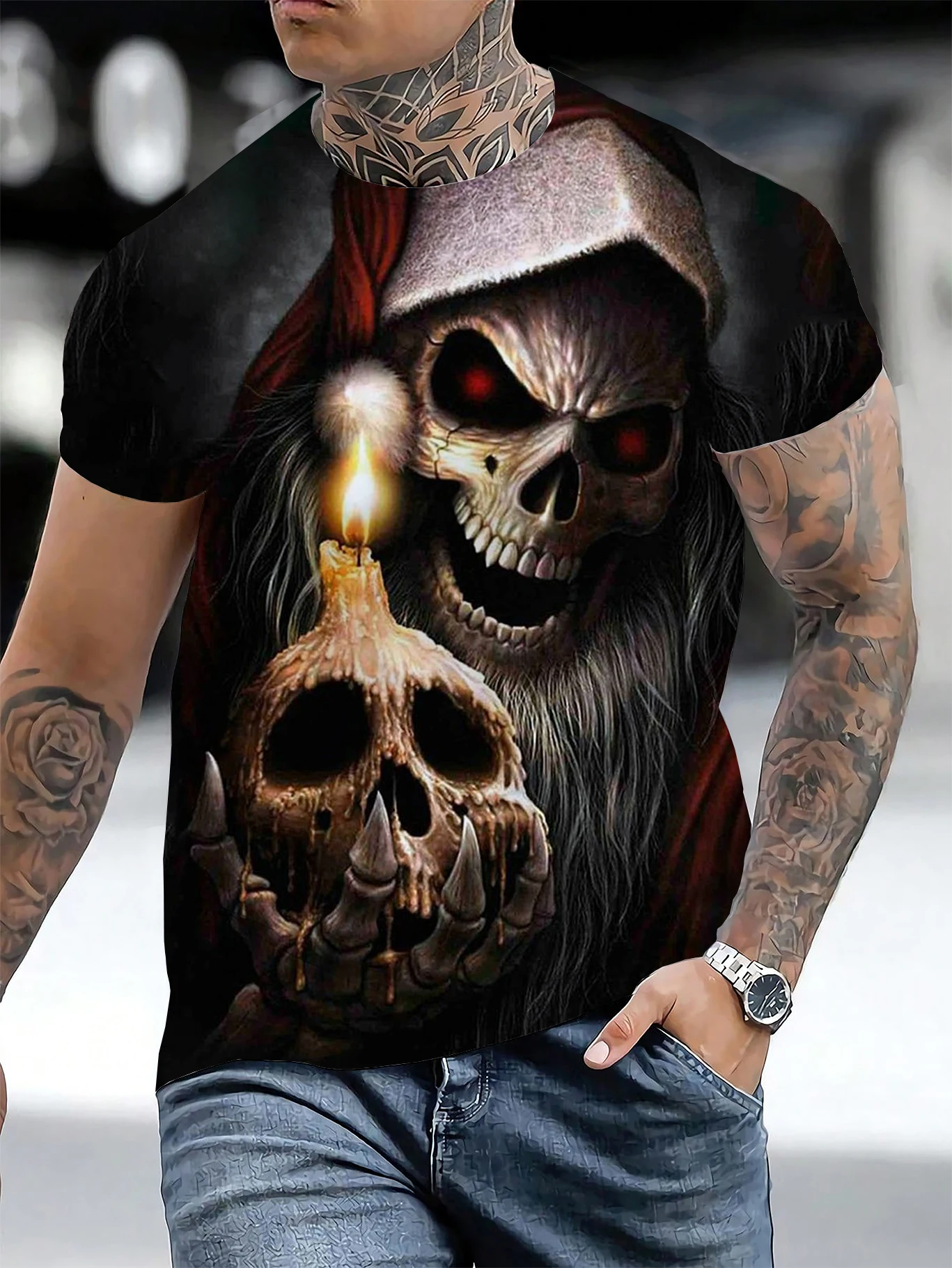 Men's plus size 3D skull trendy pattern printed T-shirt, fashionable short sleeved summer top, men's clothing