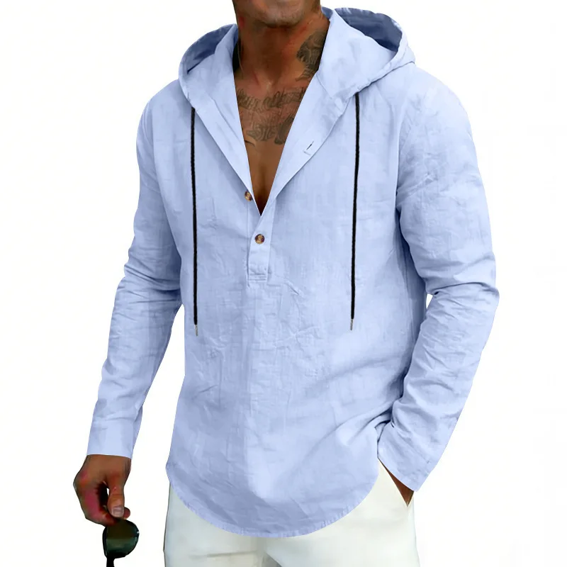 Spring Autumn Men Linen Hooded Shirt Solid Color Long Sleeve Casual Loose Breathable Lightweight Streetwear Male Daily Tops