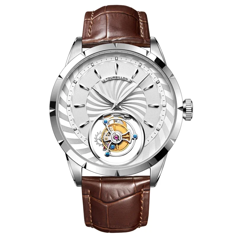 AESOP7019 Manual Tourbillon Hollow Movement Spiral Pattern Stainless Steel Sapphire Crystal Leather Men's Mechanical Watch