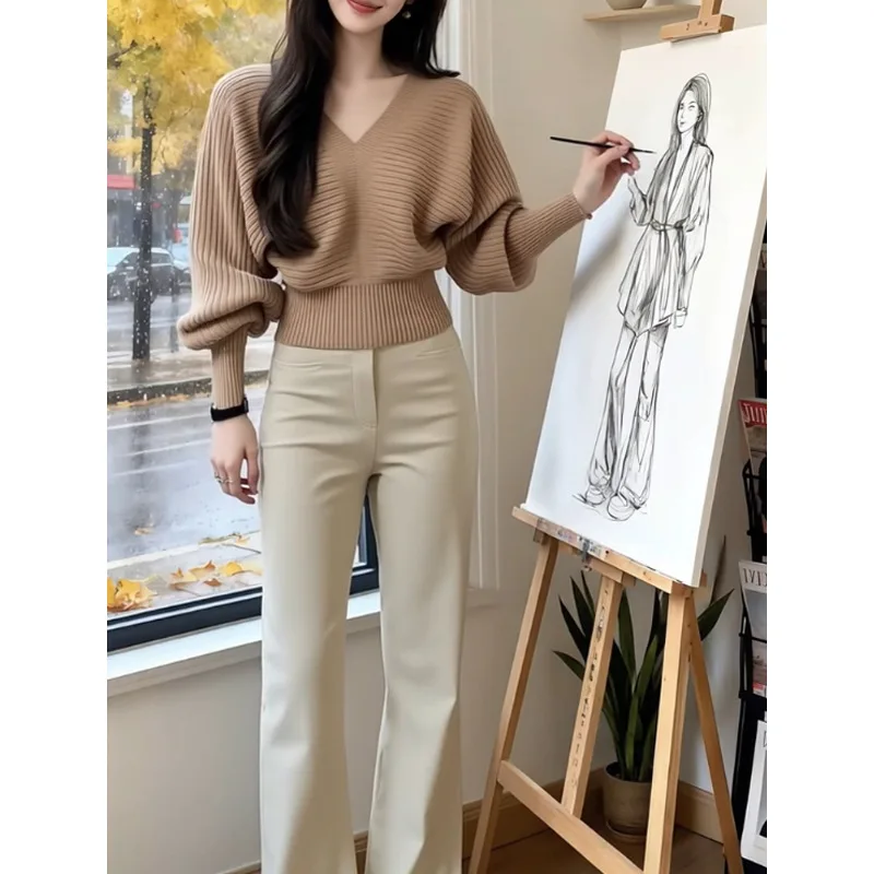 

Women's Fashion Autumn New Arrival Short Top Waist-Cinching Slimming Ver Korean Style Slim Fit V-Neck Batwing Sleeve Knitwear