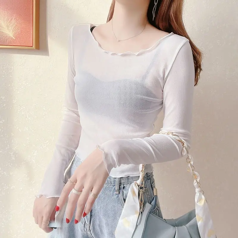 المرأة طويلة الأكمام الفطريات حافة الجولة الرقبة شبكة تي شيرت بلون سليم صالح شفافة قاع قميص الإناث داخل بلوزات من الدانتيل #2