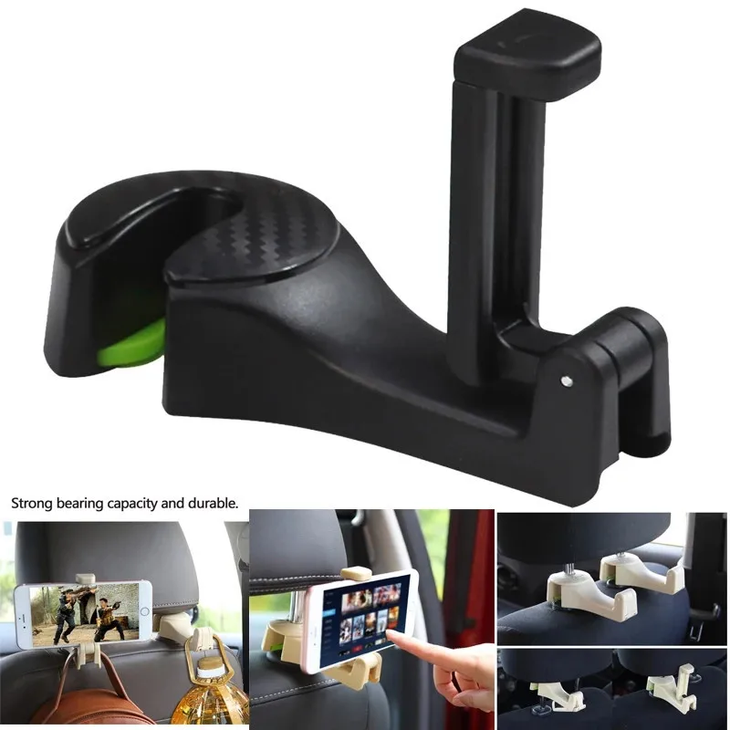 1PC Car Headrest Hook with Phone Holder Seat Back Hanger for Bag Purse Grocery Cloth Portable 2in1 Multifunction Clips Hooks