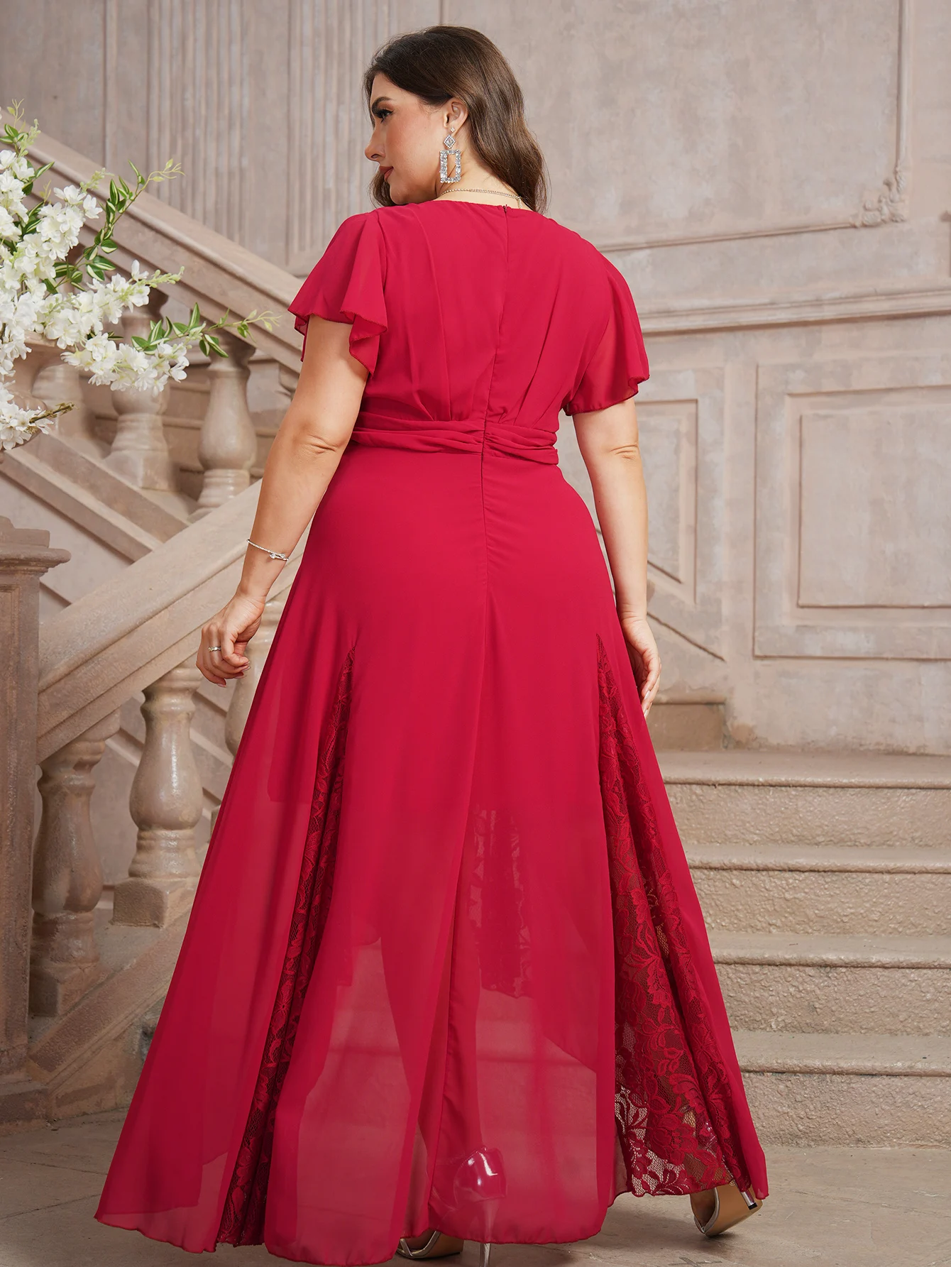 Ladies Plus Size Evening Gown V-neck High And Low Pleated Hem Floor Mopping 2024 A Chiffon Purple Red Bridesmaid Dress