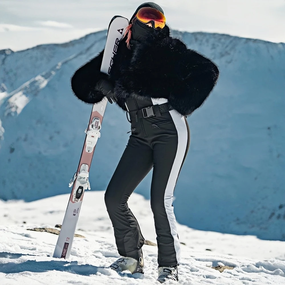 GSOU SNOW Women Faux Fur Warm Two Pieces Snowsuit Slim-Fit Snowboard Jumpsuit Winter Insulated Windproof Skiing Stretch Clothes