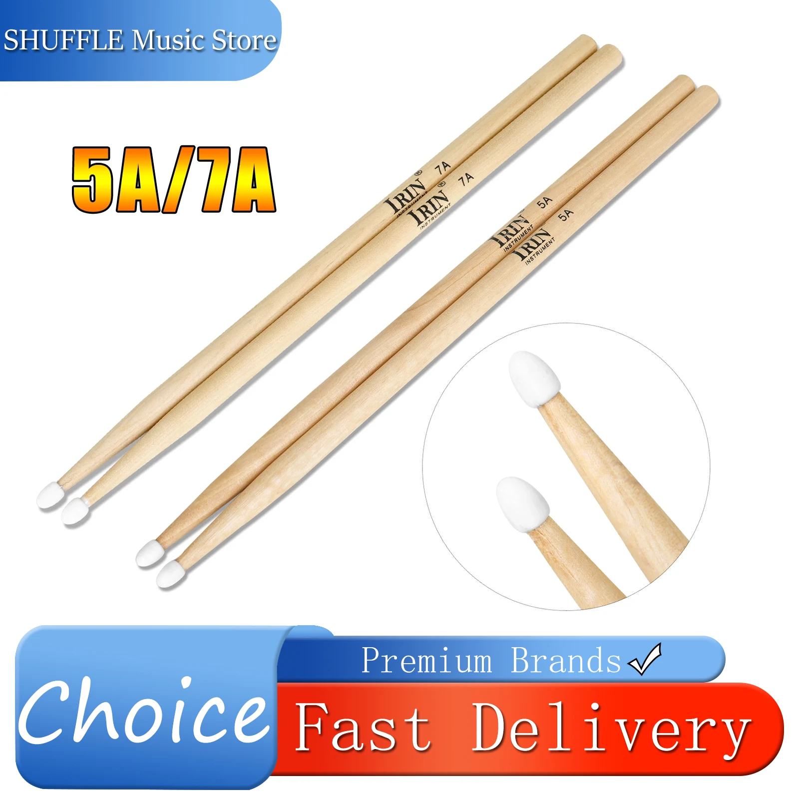 IRIN 1 Paar 5 A/7 A Premium-Ahorn-Drumsticks-Schlägel, ideal für alle Altersgruppen, langlebige Übungs-Drumsticks für Jazz-Percussion-Musical
