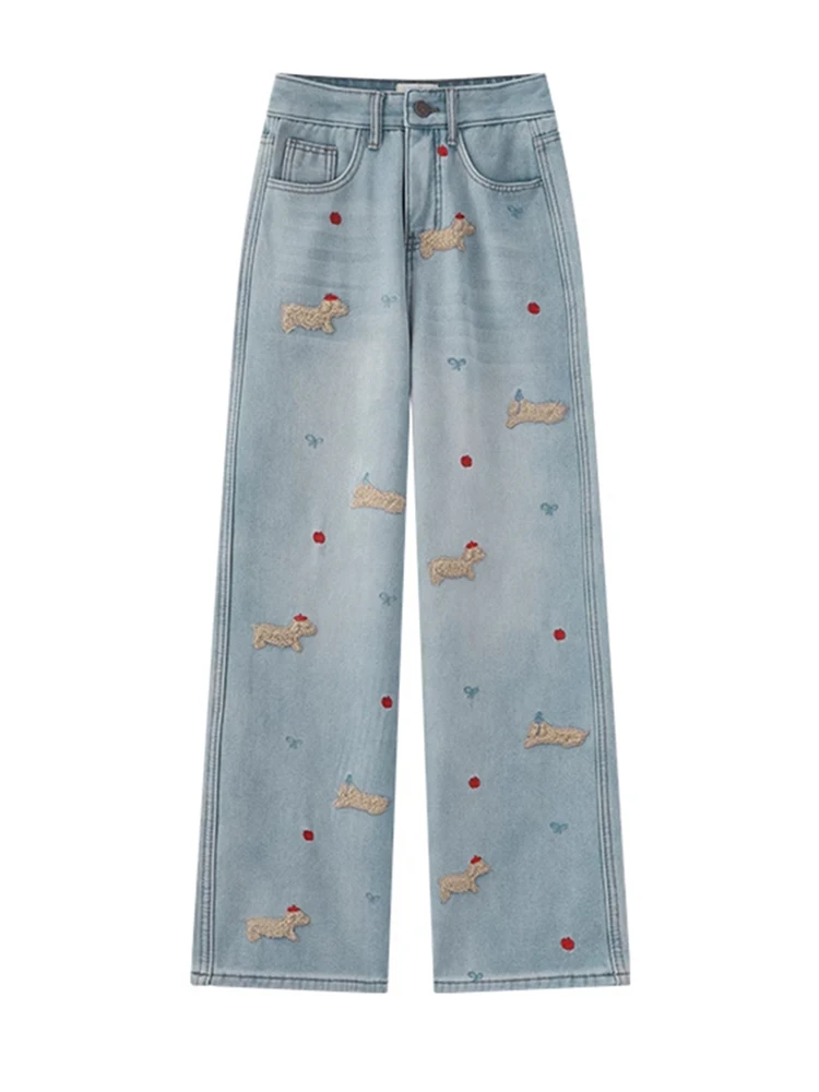

Синие джинсы с вышивкой мультяшной таксы, с высокой талией, широкими штанинами, женские, весенне-осенние, свободного кроя, в пол