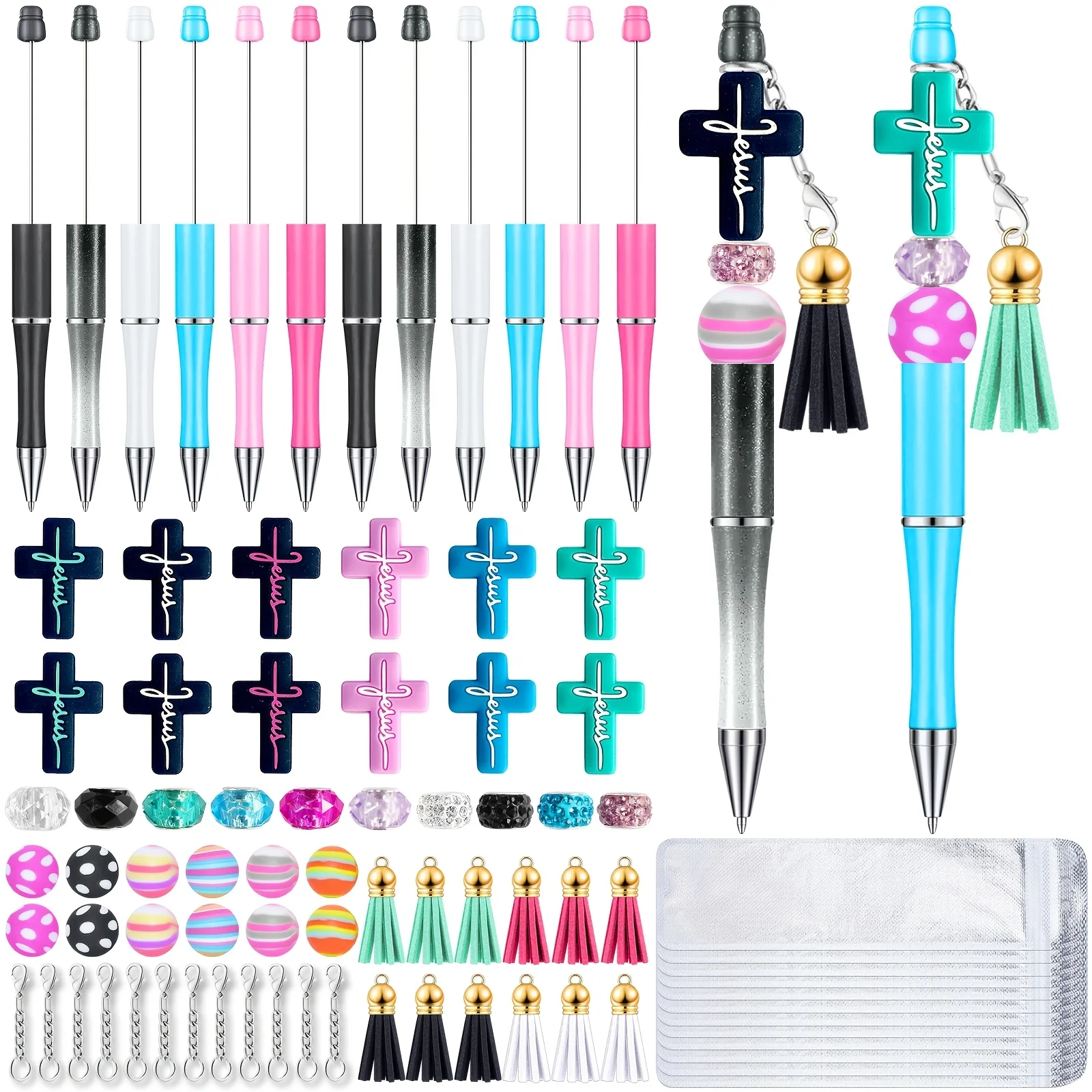 

12 Jesus-themed DIY Beadable Pen Kits with Colorful Cross Beads - Smooth Writing Pens for Office Use