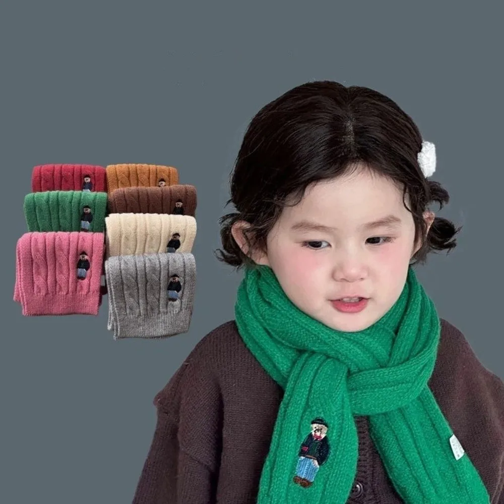 Thicken Children's Knitted Scarf Solid Color Keep Warm Infant Neckwarmers Bear Embroidery Children's Winter Scarf Kids