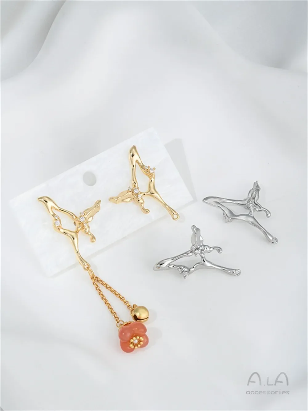 

14K Gold Inlaid Zircon Irregular Butterfly Strap Hanging Earrings 925 Silver Needle DIY Handmade Ear Jewelry Material E400