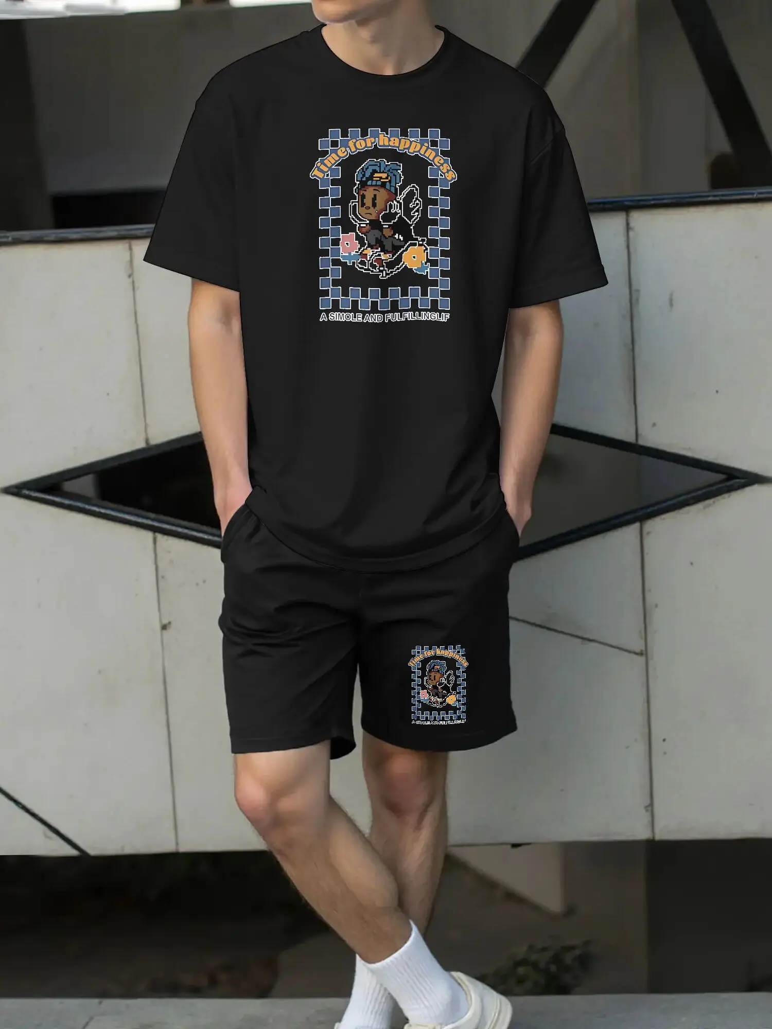 Men'S Casual Black T-Shirt with Colorful Graphic & Matching Shorts | Crew Neck,Short Sleeve,Slight Stretch