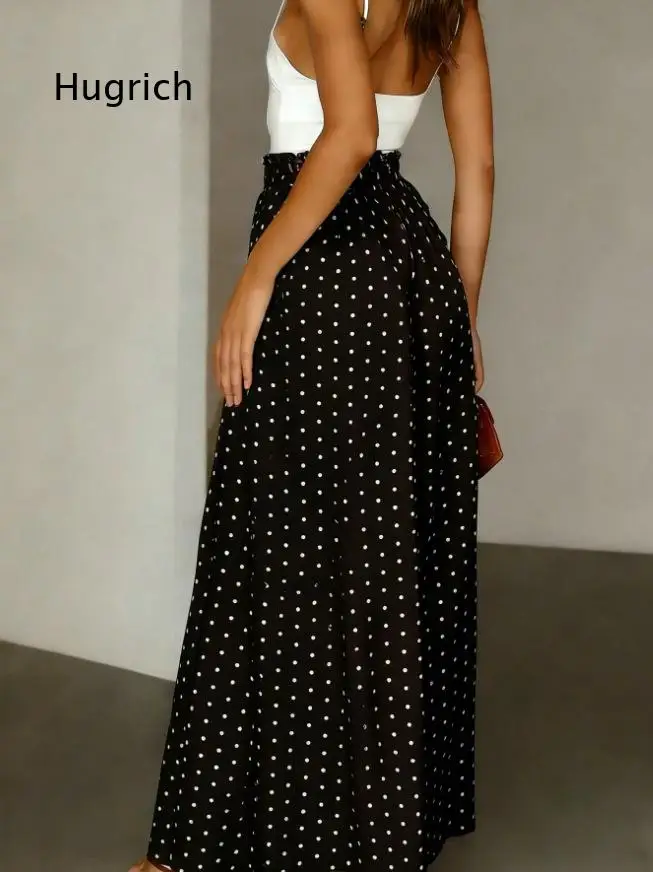 Women's Casual Two Piece Outfit Sleeveless Cami Top And High Waist Polka Dot Wide Leg Trousers For Daily Street Vacation