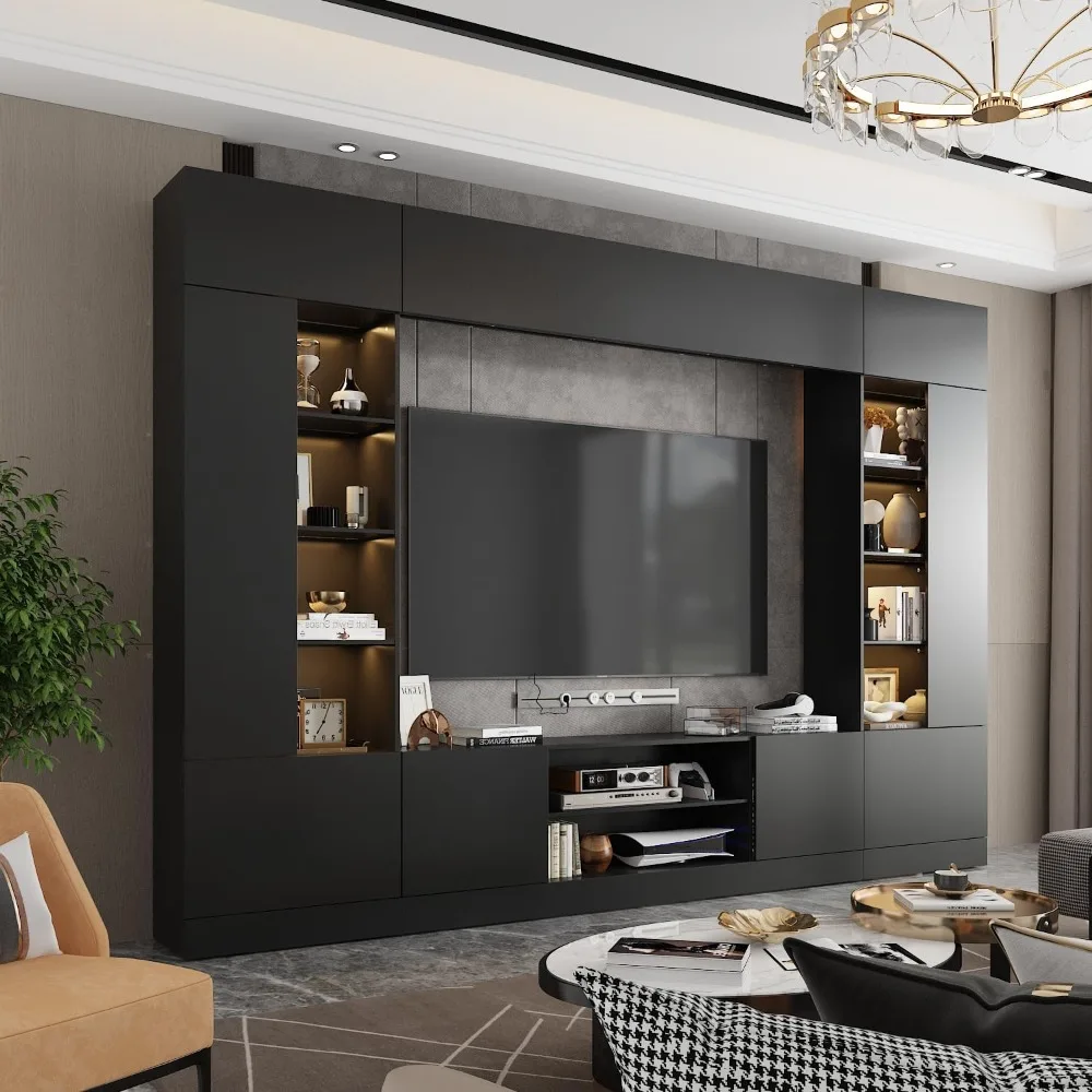 

114" Large Wall Unit Entertainment Center with Bookshelves, Lights and 18 Shelves, Modern 4-Piece TV Stand Media Console Table
