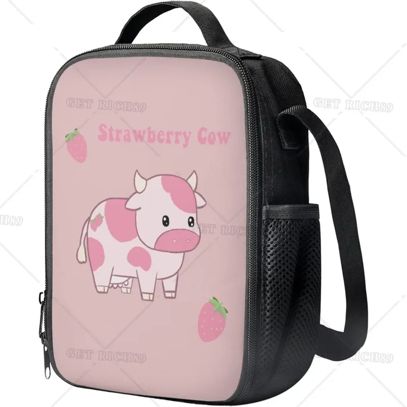 Kawaii Strawberry Cow Reusable Lunch Bag Insulated Lunch Boxes Cooler Bags Picnic Snacks Containers for Women Girls School Work